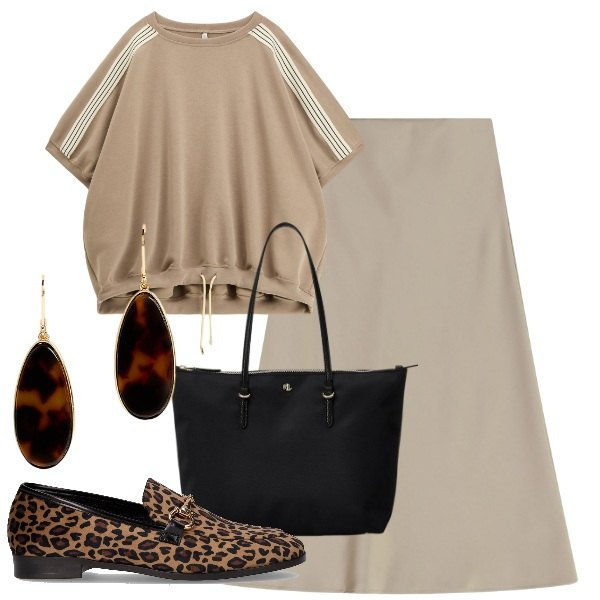 Outfit donna - Imperial - FW25. Stile Chic per Ufficio. Abbinamento con felpe, gonne longuette, borse tote, orecchini, mocassini.