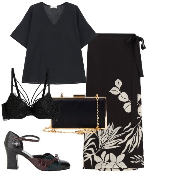 Outfit donna - Serata al ristorante gourmet. Stile Chic per Serata fuori. Abbinamento con slip, pochette, décolleté, gonne lunghe, camicie a manica corta.