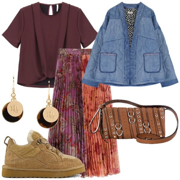 Outfit donna - Brunch domenicale di settembre - FDC. Stile Casual chic per Tutti i giorni. Abbinamento con borse a spalla, bluse, blazer, gonne longuette, orecchini, sneakers alte.