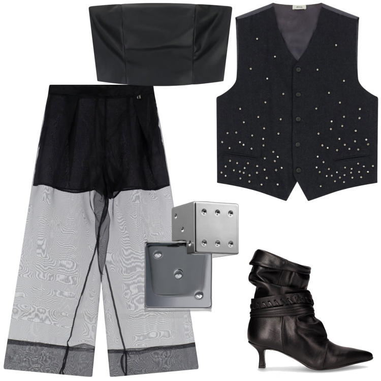 Outfit donna - La sera si accende di emozioni. Stile Sexy per Serata fuori. Abbinamento con profumi, gilet, jeans, top, stivaletti.