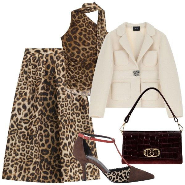 Outfit donna - Serata al ristorante gourmet. Stile Chic per Serata fuori. Abbinamento con borse a mano, top, décolleté, blazer, gonne lunghe.