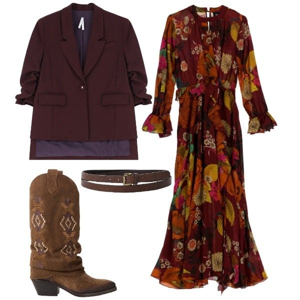 Outfit donna - Colori caldi per l\'autunno. Stile Etnico per Serata fuori. Abbinamento con blazer, stivali, cinture, vestiti lunghi.