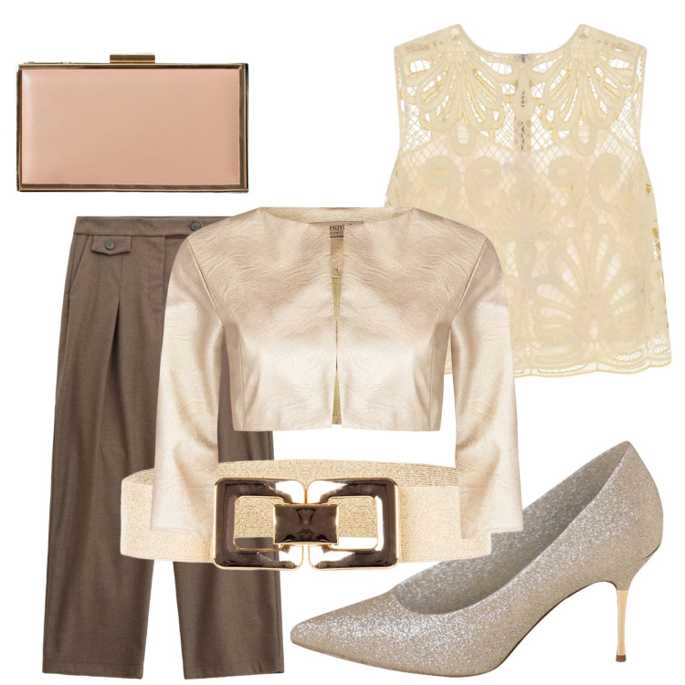 Outfit donna - Serata eleganza. Stile Bon Ton per Serata fuori. Abbinamento con bolero, cinture, pochette, décolleté, pantaloni, top.
