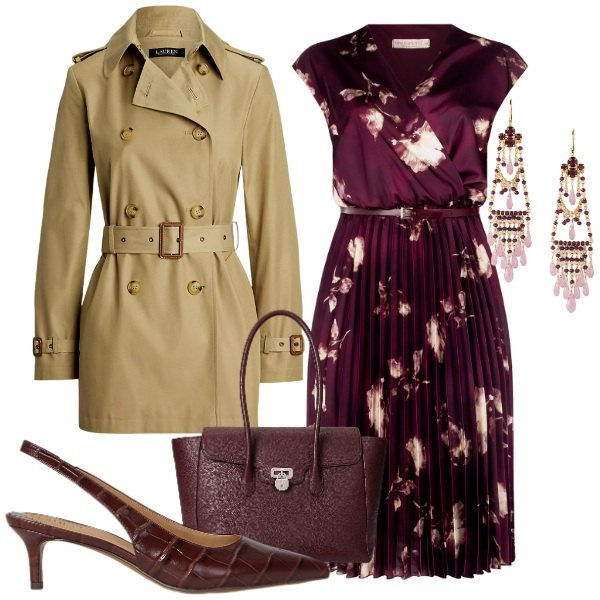 Outfit donna - Il trench fluido - FDC. Stile Chic per Ufficio. Abbinamento con vestiti midi/longuette, trench, décolleté, orecchini, borse a mano.