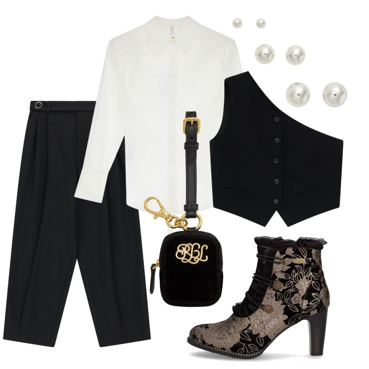 Outfit donna - Il gilet monospalla. Stile Rock per Serata fuori. Abbinamento con camicie, gilet, pantaloni a palazzo, orecchini, pochette, stivaletti.