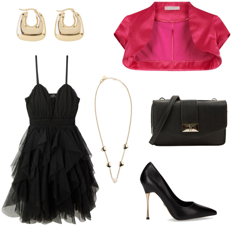 Outfit donna - Serata d\'estate. Stile Glamour per Serata fuori. Abbinamento con orecchini, vestiti corti, borse a tracolla, bolero, collane, décolleté.