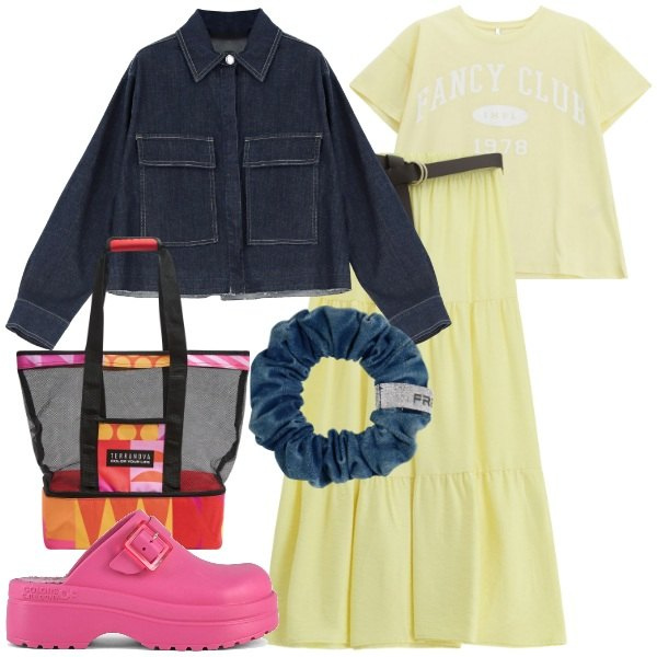 Outfit donna - Il giubbino in jeans super versatile. Stile Trendy per Tutti i giorni. Abbinamento con borse tote, blazer, t-shirt, gonne lunghe, accessori per capelli, sandali.
