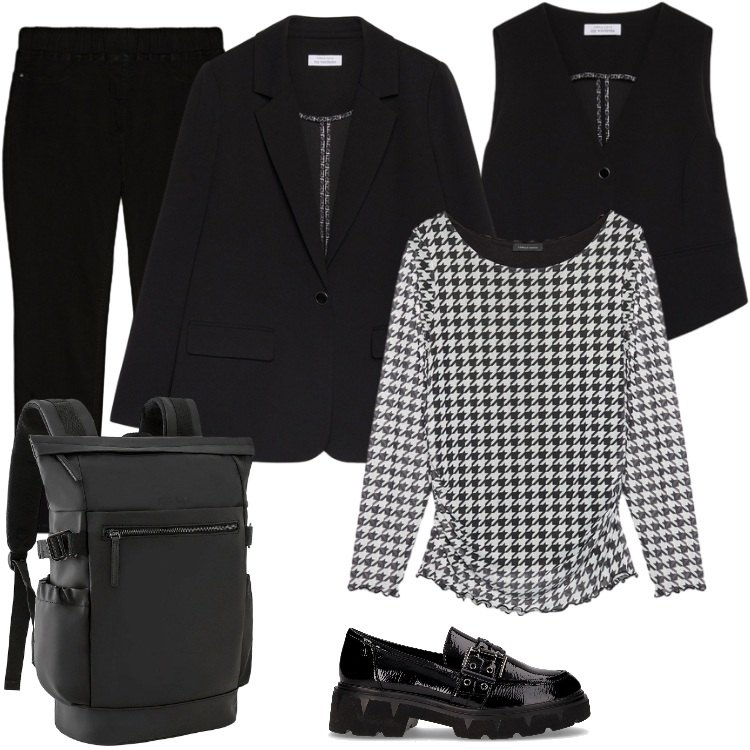 Outfit donna - Essential. Stile Trendy per Tutti i giorni. Abbinamento con zaini, mocassini, gilet, jeggings, bluse, blazer.