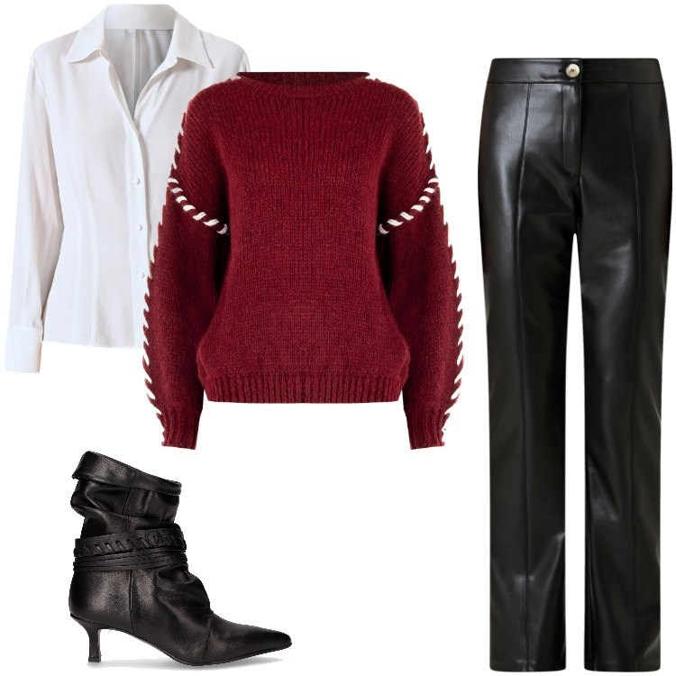 Outfit donna - Look Morbido e disinvolto in città. Stile Trendy per Ufficio. Abbinamento con pantaloni, camicie, maglieria, stivaletti.