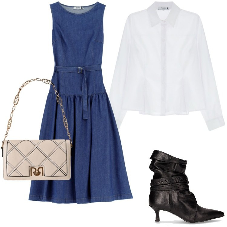 Outfit donna - Total look #2248291. Stile Trendy per Ufficio. Abbinamento con borse a tracolla, camicie, vestiti lunghi, stivaletti.