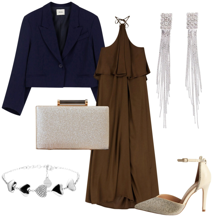 Outfit donna - Cena elegante. Stile Casual chic per Serata fuori. Abbinamento con orecchini, décolleté, clutch, braccialetti, blazer, vestiti lunghi.