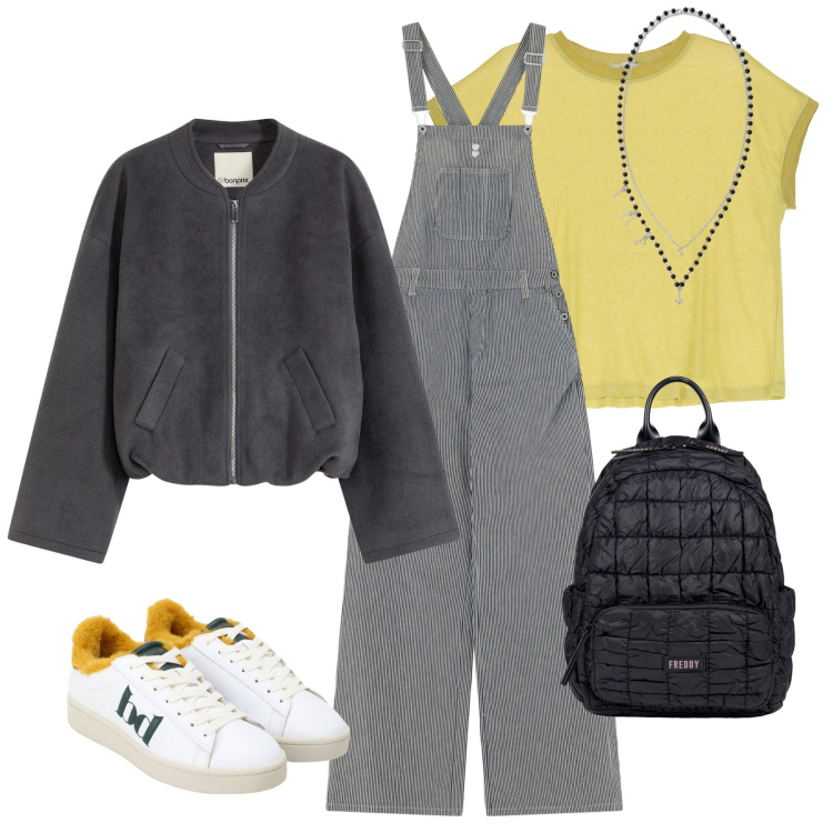 Outfit donna - Total look #2248295. Stile Minimal per Scuola/Università. Abbinamento con bomber, salopette, collane, zaini, sneakers, t-shirt.