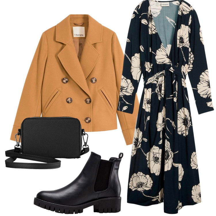 Outfit donna - Total look #2248297. Stile Glamour per Ufficio. Abbinamento con borse a tracolla, stivaletti chelsea, vestiti lunghi, caban.