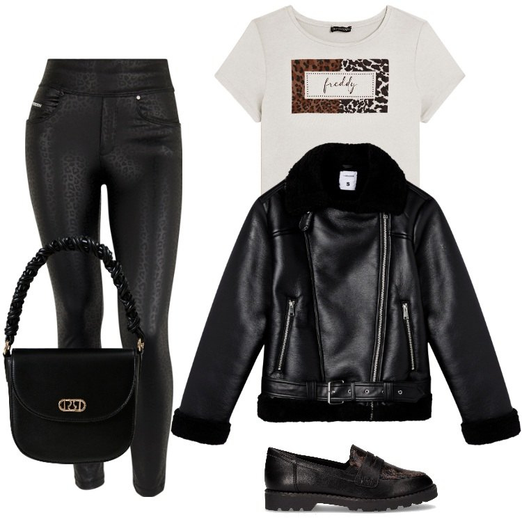 Outfit donna - Animalier da sera. Stile Trendy per Serata fuori. Abbinamento con giacche, borse a mano, pantaloni skinny, t-shirt, mocassini.