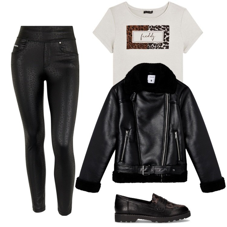 Outfit donna - Animalier. Stile Trendy per Scuola/Università. Abbinamento con giacche, pantaloni skinny, t-shirt, mocassini.