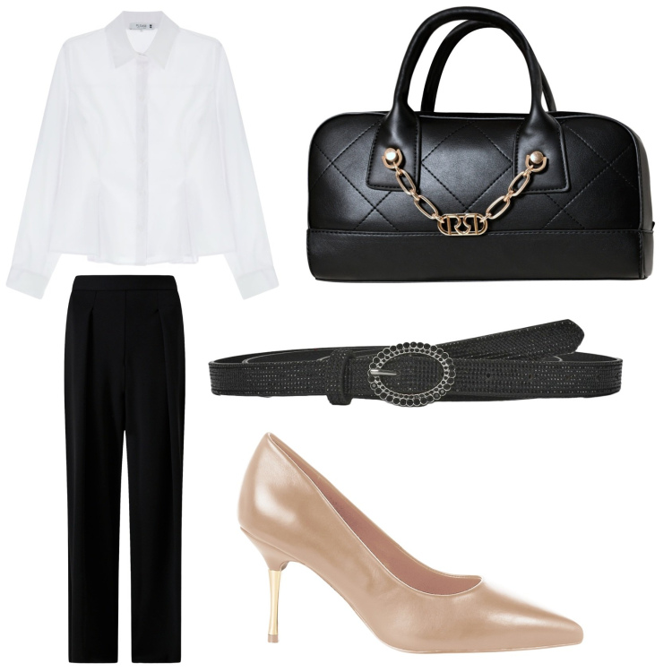 Outfit donna - Classica in camicia bianca e pantaloni n. Stile Casual chic per Ufficio. Abbinamento con cinture, décolleté, borse a mano, pantaloni, camicie.