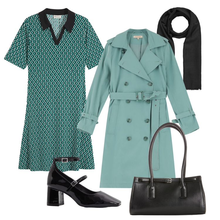 Outfit donna - Nuovo colore per il trench. Stile Glamour per Tutti i giorni. Abbinamento con vestiti midi/longuette, décolleté, borse a mano, foulard, trench.