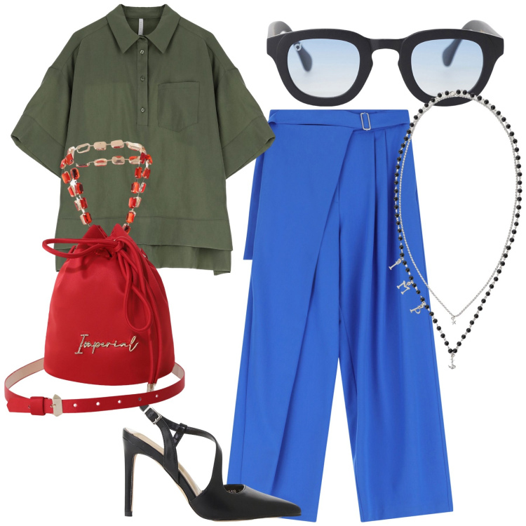 Outfit donna - Imperial mix chic. Stile Urban per Ufficio. Abbinamento con borse a secchiello, pantaloni a palazzo, camicie a manica corta, décolleté, collane, occhiali da sole.