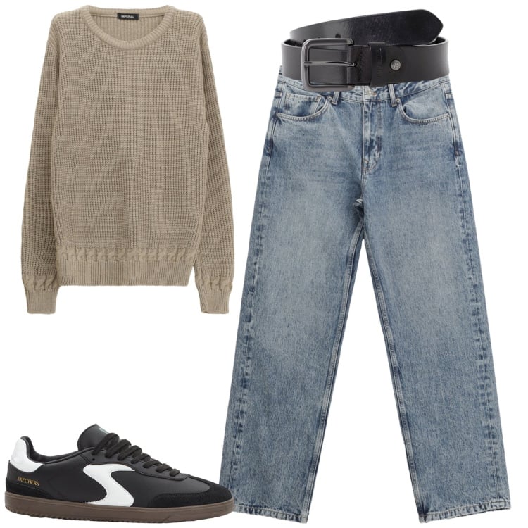 Outfit uomo - City. Stile Casual per Tutti i giorni. Abbinamento con sneakers, cinture, jeans dritti, maglieria.