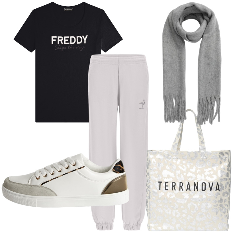 Outfit donna - Freddy e Terranova all day long. Stile Casual per Tutti i giorni. Abbinamento con sneakers, borse tote, sciarpe, pantaloni, t-shirt.