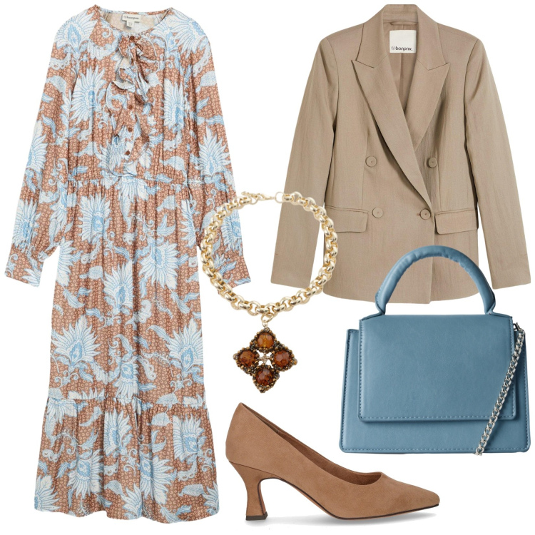 Outfit donna - Total look #2248312. Stile Chic per Tutti i giorni. Abbinamento con vestiti lunghi, blazer, borse a tracolla, collane, décolleté.