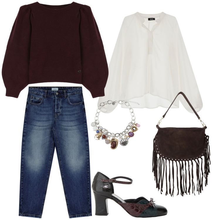 Outfit donna - Total look Dixie. Stile Casual chic per Tutti i giorni. Abbinamento con décolleté, camicie, jeans, borse a tracolla, braccialetti con ciondoli, maglieria.