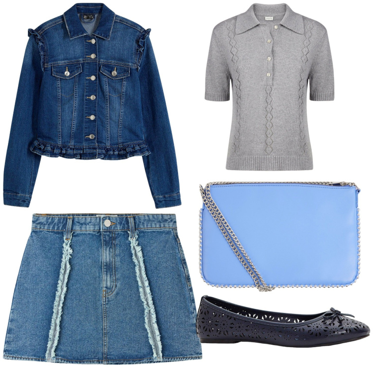 Outfit donna - Pomeriggio in jeans. Stile Casual per Tutti i giorni. Abbinamento con ballerine, blazer, minigonne, borse a tracolla, polo.