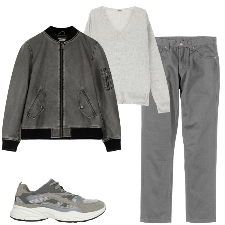 Outfit uomo - City. Stile Casual per Tutti i giorni. Abbinamento con pantaloni, sneakers, maglieria, bomber.