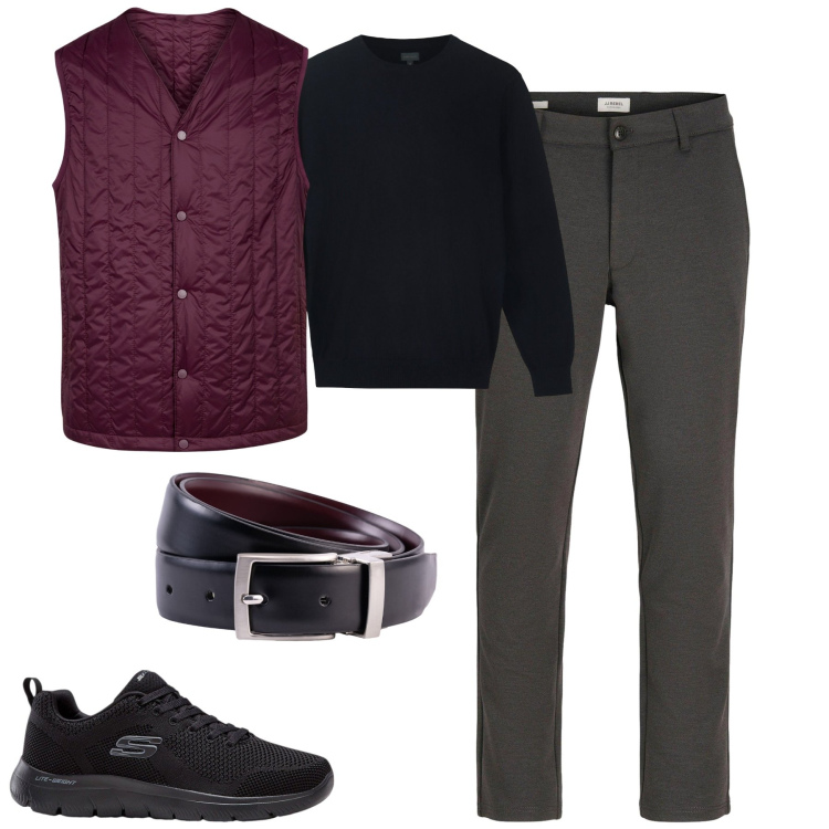 Outfit uomo - Fall. Stile Urban per Tutti i giorni. Abbinamento con sneakers, pantaloni chino, piumini, cinture, maglieria.