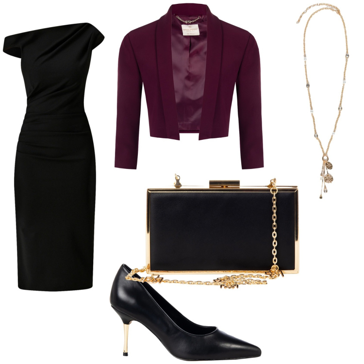 Outfit donna - Cena elegante. Stile Glamour per Serata fuori. Abbinamento con décolleté, pochette, blazer, vestiti a tubino, ciondoli.