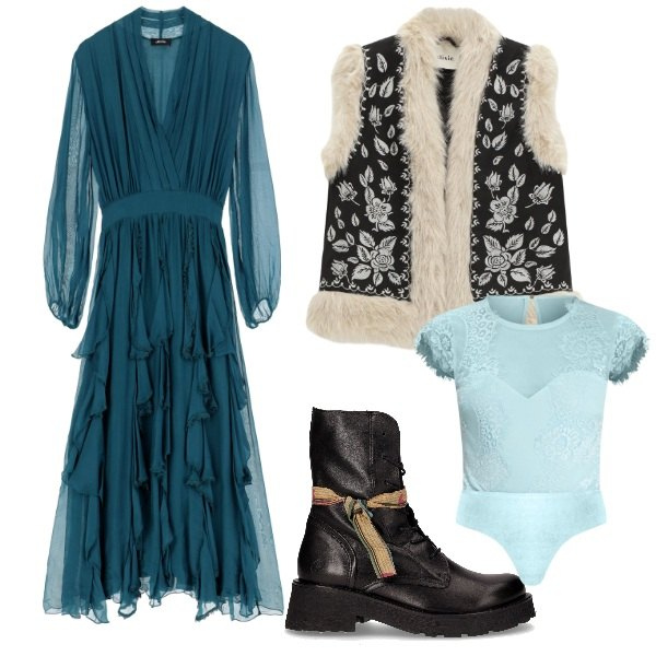 Outfit donna - Gilet BOHO con bordo in pelliccia fur. Stile Boho per Serata fuori. Abbinamento con body, vestiti midi/longuette, gilet, anfibi.