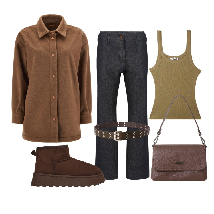 Outfit donna - Spunto d’autunno. Stile Casual per Tutti i giorni. Abbinamento con canottiere, cinture, stivaletti, cappotti, borse a tracolla, pantaloni.