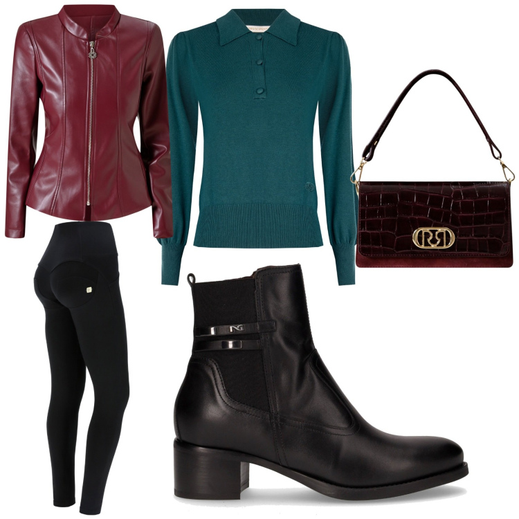Outfit donna - La giacca in pelle: must d\'autunno. Stile Casual chic per Tutti i giorni. Abbinamento con blazer, borse a mano, polo, pantaloni skinny, stivaletti.