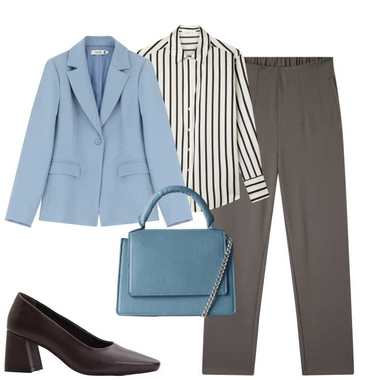 Outfit donna - In ufficio a settembre. Stile Urban per Ufficio. Abbinamento con décolleté, pantaloni chino, borse a tracolla, camicie, blazer.