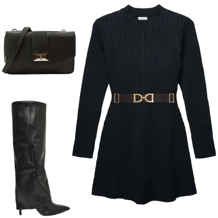 Outfit donna - Abitino in maglia minimal. Stile Minimal per Tutti i giorni. Abbinamento con cinture, borse a tracolla, vestiti corti, stivali.