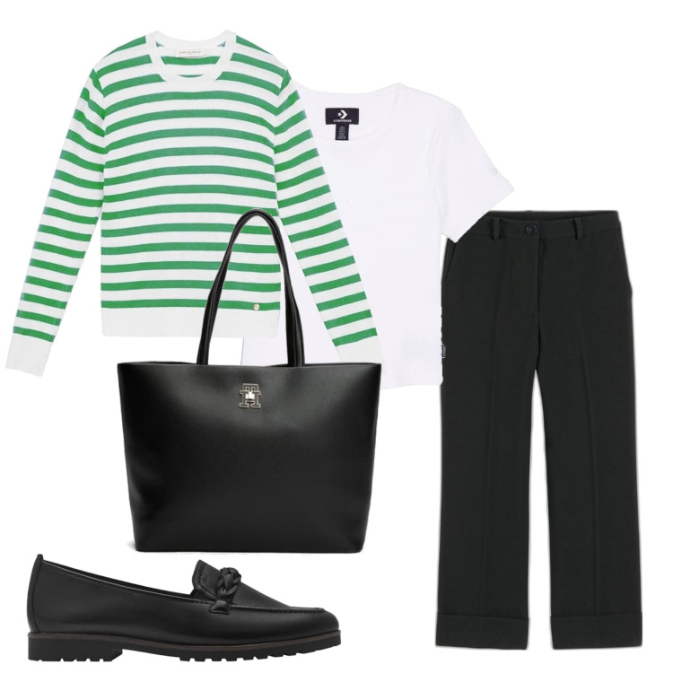 Outfit mujer - Basic look. Estilo Basic para Todos los días. Combinación con mocasines, prendas de punto, camiseta, pantalones, bolso tote.