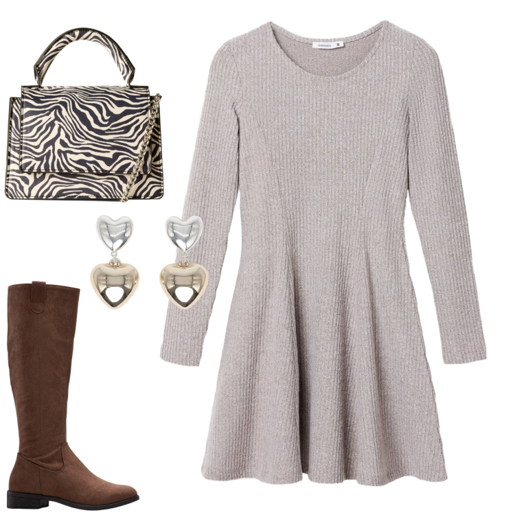 Outfit donna - Abitino coccoloso. Stile Minimal per Tutti i giorni. Abbinamento con stivali, vestiti corti, orecchini, borse a tracolla.