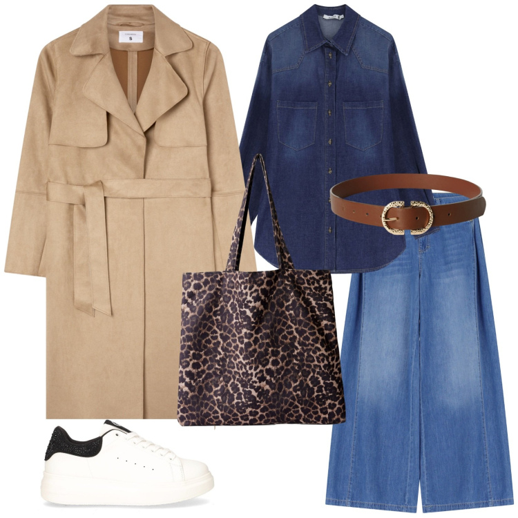 Outfit donna - Brunch domenicale. per Tutti i giorni. Abbinamento con shopping bag, cinture, trench, jeans, camicie, sneakers.