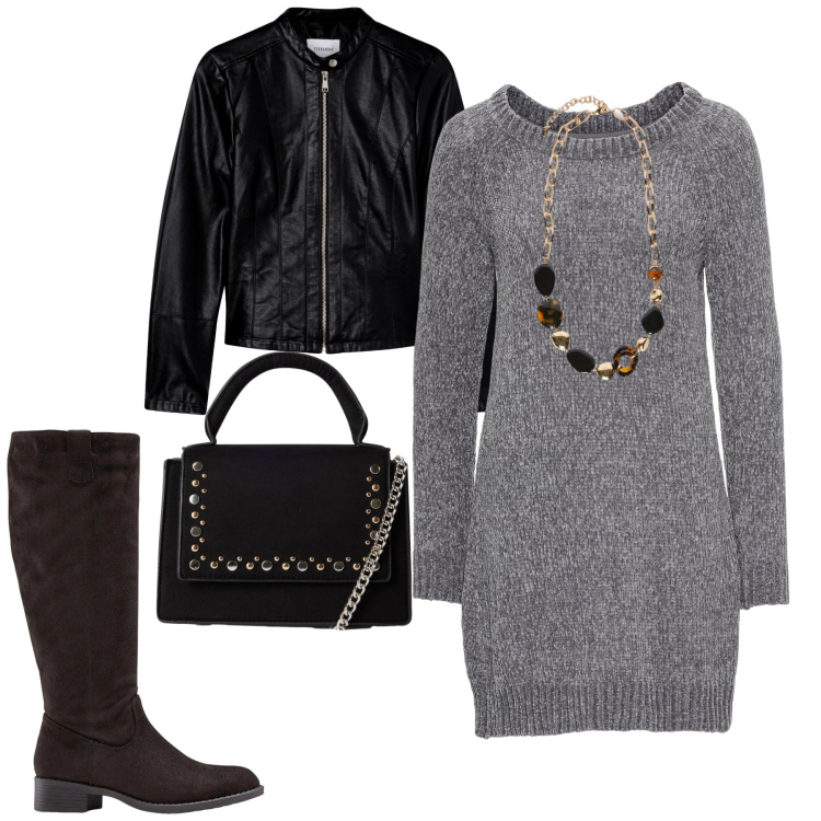 Outfit donna - City. Stile Minimal per Tutti i giorni. Abbinamento con vestiti, stivali, giacche, borse a tracolla, collane.