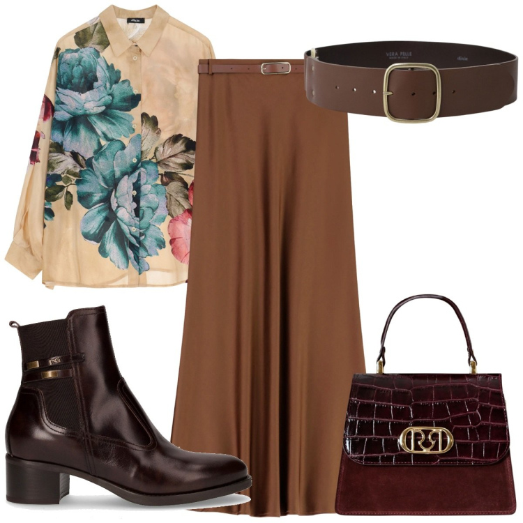 Outfit donna - Total look #2248341. Stile Glamour per Tutti i giorni. Abbinamento con borse a mano, gonne lunghe, camicie, cinture, stivaletti.