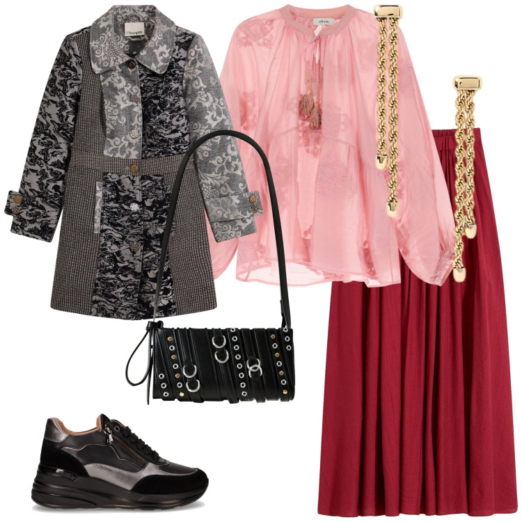 Outfit donna - Brunch domenicale. per Tutti i giorni. Abbinamento con gonne lunghe, cappotti, borse a spalla, camicie, orecchini, sneakers.