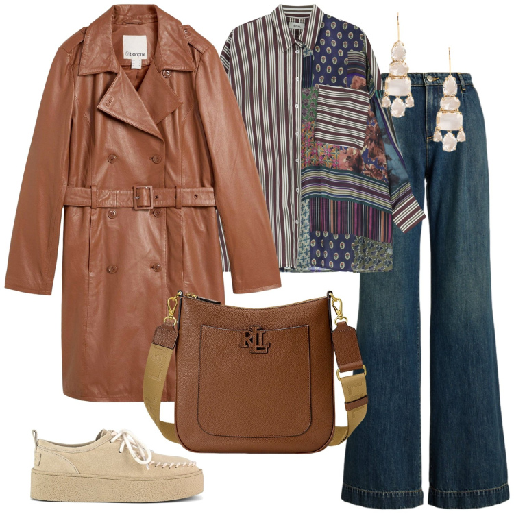 Outfit donna - Brunch domenicale. per Tutti i giorni. Abbinamento con trench, camicie, borse a tracolla, jeans, orecchini, mocassini.