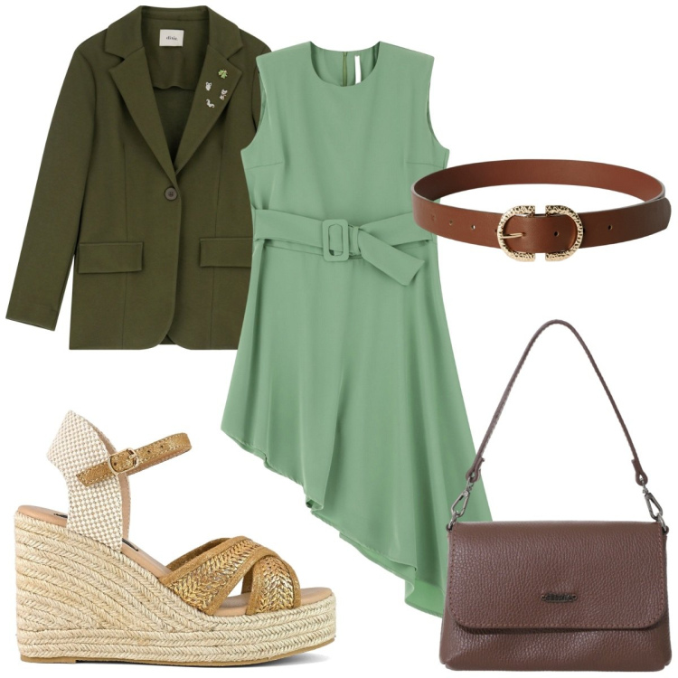 Outfit donna - Total look #2248345. Stile Trendy per Tutti i giorni. Abbinamento con cinture, vestiti corti, blazer, borse a tracolla, zeppe.