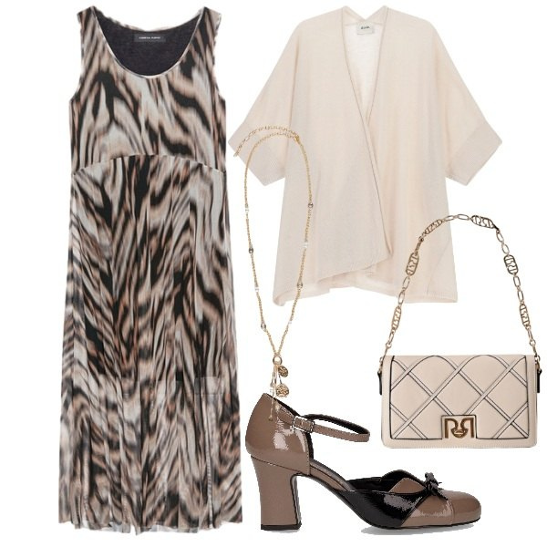 Outfit donna - Invitata al battesimo. Stile Romantica per Cerimonia. Abbinamento con borse a tracolla, cardigans, vestiti lunghi, ciondoli, décolleté.