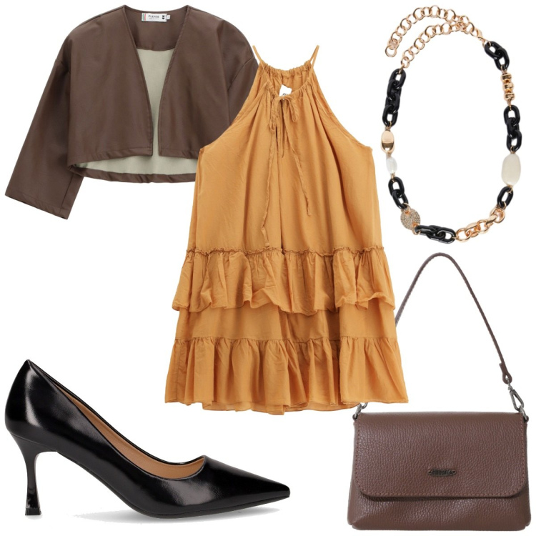 Outfit donna - Total look #2248354. Stile Glamour per Cerimonia. Abbinamento con giacche, vestiti corti, borse a tracolla, décolleté, collane.