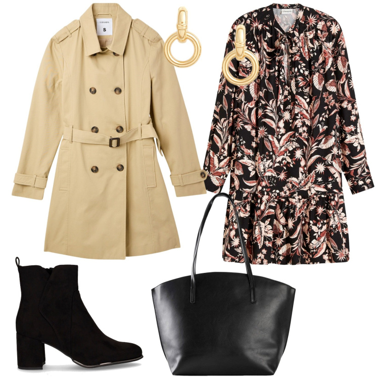 Outfit donna - Il trench fluido. per Tutti i giorni. Abbinamento con shopping bag, vestiti midi/longuette, trench, orecchini, stivaletti.
