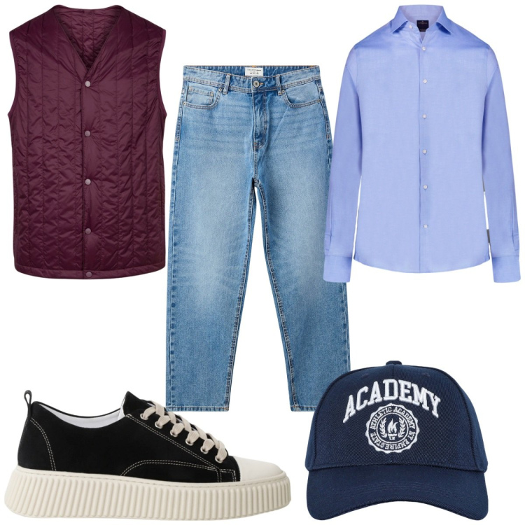 Outfit uomo - Total look #2248356. Stile Casual per Tutti i giorni. Abbinamento con jeans, cappelli con visiera, sneakers, camicie, piumini.