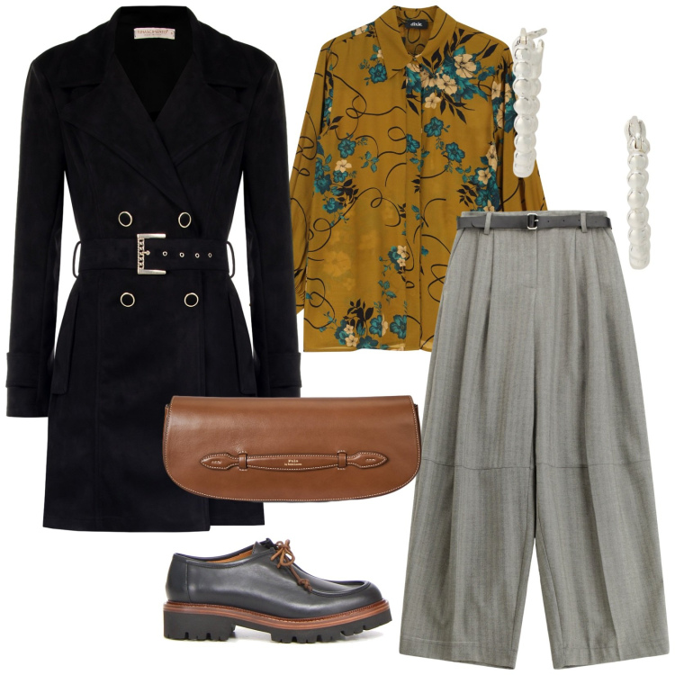 Outfit donna - Il trench fluido. per Serata fuori. Abbinamento con trench, pantaloni, camicie, orecchini, clutch, mocassini.