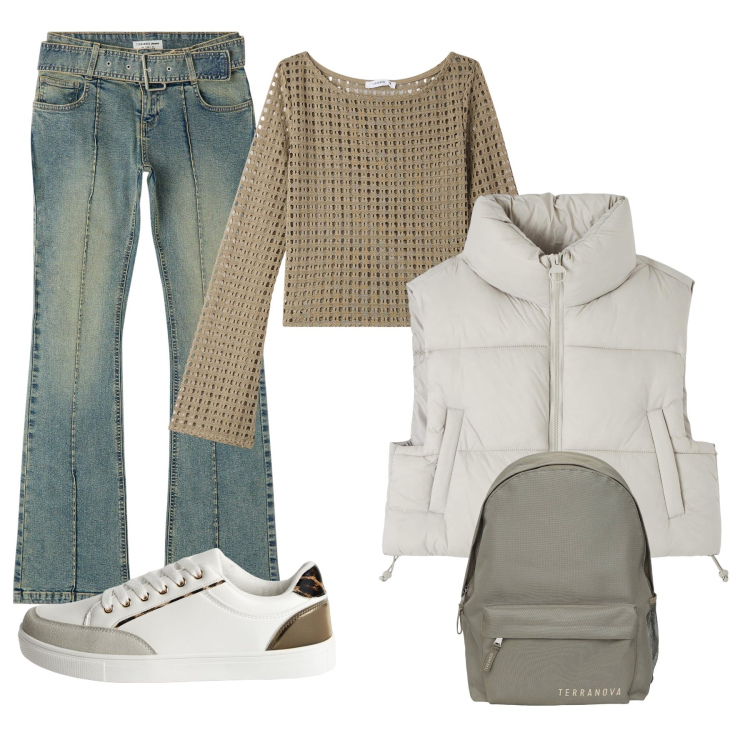Outfit donna - Total look #2248358. Stile Casual per Scuola/Università. Abbinamento con jeans a zampa, maglieria, sneakers, zaini, piumini.
