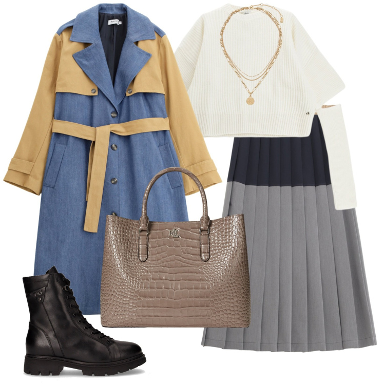 Outfit donna - Il trench fluido. per Scuola/Università. Abbinamento con trench, gonne longuette, maglieria, ciondoli, borse a mano, anfibi.